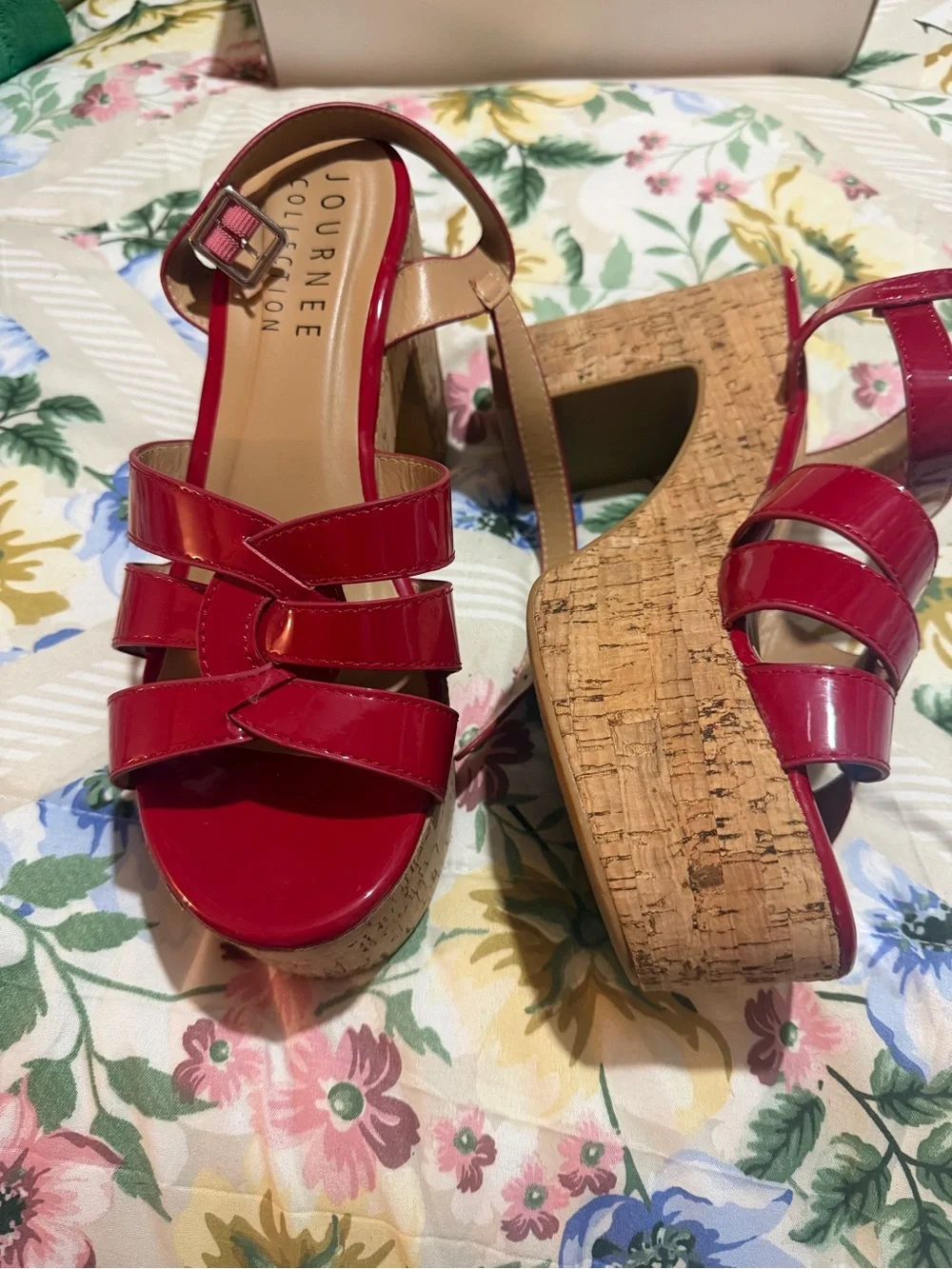 Journee Collection Red Patent Cork Platform Wedge Sandals